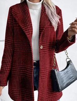 Best Women's Casual Jacket Outdoor Street Daily Wear Fall Winter Regular Coat Regular Fit Thermal Warm Breathable Stylish Casual Jacket Long Sleeve Stripes and Plaid with Pockets Print Red Camel Gray Women Blazers & Suits