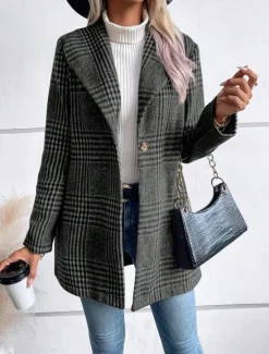 Best Women's Casual Jacket Outdoor Street Daily Wear Fall Winter Regular Coat Regular Fit Thermal Warm Breathable Stylish Casual Jacket Long Sleeve Stripes and Plaid with Pockets Print Red Camel Gray Women Blazers & Suits