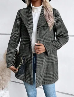 Best Women's Casual Jacket Outdoor Street Daily Wear Fall Winter Regular Coat Regular Fit Thermal Warm Breathable Stylish Casual Jacket Long Sleeve Stripes and Plaid with Pockets Print Red Camel Gray Women Blazers & Suits