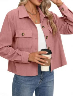 Women's Casual Jacket Shacket Comfortable Breathable Pocket Fashion Casual Plain Vacation Street Casual Daily Wear Single Breasted Short Turndown Regular Fit Long Sleeve Outerwear Black White Pink Women Jackets