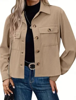 Women's Casual Jacket Shacket Comfortable Breathable Pocket Fashion Casual Plain Vacation Street Casual Daily Wear Single Breasted Short Turndown Regular Fit Long Sleeve Outerwear Black White Pink Women Jackets