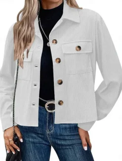 Women's Casual Jacket Shacket Comfortable Breathable Pocket Fashion Casual Plain Vacation Street Casual Daily Wear Single Breasted Short Turndown Regular Fit Long Sleeve Outerwear Black White Pink Women Jackets