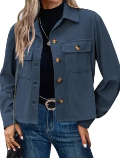 Women's Casual Jacket Shacket Comfortable Breathable Pocket Fashion Casual Plain Vacation Street Casual Daily Wear Single Breasted Short Turndown Regular Fit Long Sleeve Outerwear Black White Pink Women Jackets