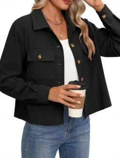 Women's Casual Jacket Shacket Comfortable Breathable Pocket Fashion Casual Plain Vacation Street Casual Daily Wear Single Breasted Short Turndown Regular Fit Long Sleeve Outerwear Black White Pink Women Jackets