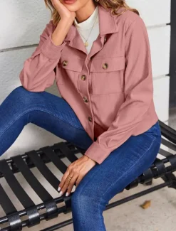 Women's Casual Jacket Shacket Comfortable Breathable Pocket Fashion Casual Plain Vacation Street Casual Daily Wear Single Breasted Short Turndown Regular Fit Long Sleeve Outerwear Black White Pink Women Jackets