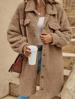 Discount Women's Casual Jacket Street Daily Wear Fall Winter Regular Coat Loose Fit Warm Breathable Comtemporary Stylish Plush Jacket Long Sleeve Solid Color with Pockets Print Light Brown Khaki Women Coats & Trench Coats