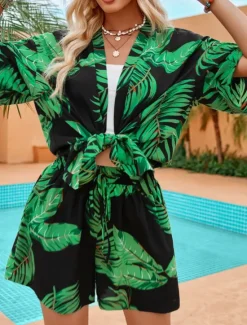 Best Women's Casual Jacket Suits Breathable Comfortable Drawstring Print Casual Leaf Vacation Street Holiday Daily Wear Open Front Regular Collarless Regular Fit Half Sleeve Outerwear Red Green Summer Women Blazers & Suits|Jackets