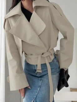 Clearance Women's Casual Jacket Trench Coat Comfortable Breathable Lace up Casual Plain Vacation Street Casual Daily Wear Open Front Short Turndown Regular Fit Long Sleeve Outerwear Beige Gray Spring Fall Women Jackets|Coats & Trench Coats