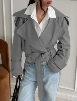 Clearance Women's Casual Jacket Trench Coat Comfortable Breathable Lace up Casual Plain Vacation Street Casual Daily Wear Open Front Short Turndown Regular Fit Long Sleeve Outerwear Beige Gray Spring Fall Women Jackets|Coats & Trench Coats