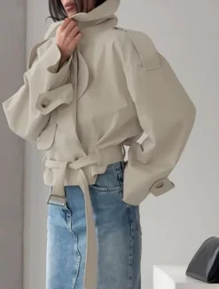 Clearance Women's Casual Jacket Trench Coat Comfortable Breathable Lace up Casual Plain Vacation Street Casual Daily Wear Open Front Short Turndown Regular Fit Long Sleeve Outerwear Beige Gray Spring Fall Women Jackets|Coats & Trench Coats