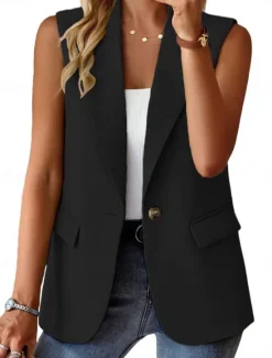 Women's Casual Jacket Vest Comfortable Breathable Pocket Buttons Casual Plain Vacation Street Casual Daily Wear Single Breasted Regular Lapel Regular Fit Sleeveless Outerwear Black White Red Summer Women Vest