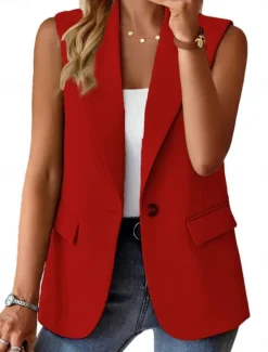 Women's Casual Jacket Vest Comfortable Breathable Pocket Buttons Casual Plain Vacation Street Casual Daily Wear Single Breasted Regular Lapel Regular Fit Sleeveless Outerwear Black White Red Summer Women Vest
