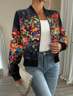 Sale Women's Casual Jacket Warm Quick Dry Zipper Pocket Elegant Fashion Daily Simple Floral Vacation Casual Daily Holiday Baseball Collar Regular Fit Long Sleeve Outerwear Black White Pink Fall Women Jackets