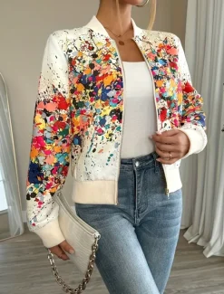 Sale Women's Casual Jacket Warm Quick Dry Zipper Pocket Elegant Fashion Daily Simple Floral Vacation Casual Daily Holiday Baseball Collar Regular Fit Long Sleeve Outerwear Black White Pink Fall Women Jackets