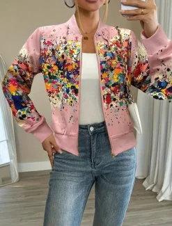 Sale Women's Casual Jacket Warm Quick Dry Zipper Pocket Elegant Fashion Daily Simple Floral Vacation Casual Daily Holiday Baseball Collar Regular Fit Long Sleeve Outerwear Black White Pink Fall Women Jackets