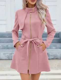 Sale Women's Casual Jacket Warm Comfortable Lace up Zipper Pocket Casual Plain Vacation Street Casual Daily Wear Zipper Long Stand Collar Slim Long Sleeve Outerwear Black Pink Green Spring Fall Women Coats & Trench Coats