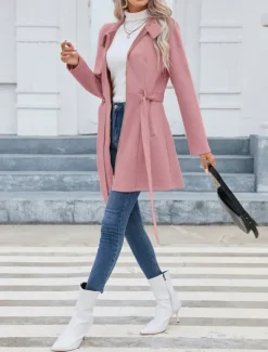 Sale Women's Casual Jacket Warm Comfortable Lace up Zipper Pocket Casual Plain Vacation Street Casual Daily Wear Zipper Long Stand Collar Slim Long Sleeve Outerwear Black Pink Green Spring Fall Women Coats & Trench Coats