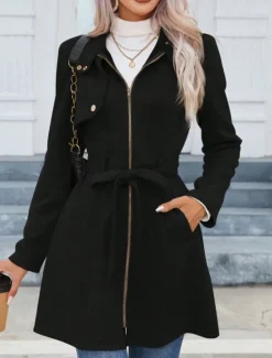 Sale Women's Casual Jacket Warm Comfortable Lace up Zipper Pocket Casual Plain Vacation Street Casual Daily Wear Zipper Long Stand Collar Slim Long Sleeve Outerwear Black Pink Green Spring Fall Women Coats & Trench Coats