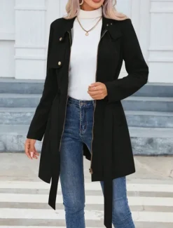 Sale Women's Casual Jacket Warm Comfortable Lace up Zipper Pocket Casual Plain Vacation Street Casual Daily Wear Zipper Long Stand Collar Slim Long Sleeve Outerwear Black Pink Green Spring Fall Women Coats & Trench Coats