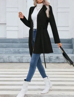 Sale Women's Casual Jacket Warm Comfortable Lace up Zipper Pocket Casual Plain Vacation Street Casual Daily Wear Zipper Long Stand Collar Slim Long Sleeve Outerwear Black Pink Green Spring Fall Women Coats & Trench Coats