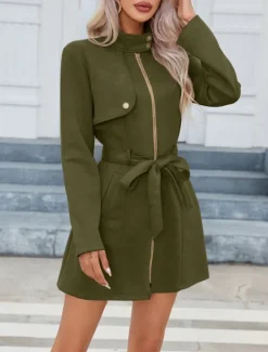 Sale Women's Casual Jacket Warm Comfortable Lace up Zipper Pocket Casual Plain Vacation Street Casual Daily Wear Zipper Long Stand Collar Slim Long Sleeve Outerwear Black Pink Green Spring Fall Women Coats & Trench Coats