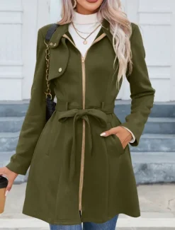 Sale Women's Casual Jacket Warm Comfortable Lace up Zipper Pocket Casual Plain Vacation Street Casual Daily Wear Zipper Long Stand Collar Slim Long Sleeve Outerwear Black Pink Green Spring Fall Women Coats & Trench Coats