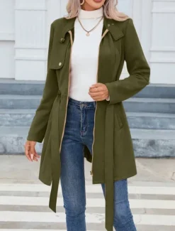 Sale Women's Casual Jacket Warm Comfortable Lace up Zipper Pocket Casual Plain Vacation Street Casual Daily Wear Zipper Long Stand Collar Slim Long Sleeve Outerwear Black Pink Green Spring Fall Women Coats & Trench Coats