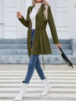 Sale Women's Casual Jacket Warm Comfortable Lace up Zipper Pocket Casual Plain Vacation Street Casual Daily Wear Zipper Long Stand Collar Slim Long Sleeve Outerwear Black Pink Green Spring Fall Women Coats & Trench Coats