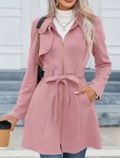 Sale Women's Casual Jacket Warm Comfortable Lace up Zipper Pocket Casual Plain Vacation Street Casual Daily Wear Zipper Long Stand Collar Slim Long Sleeve Outerwear Black Pink Green Spring Fall Women Coats & Trench Coats