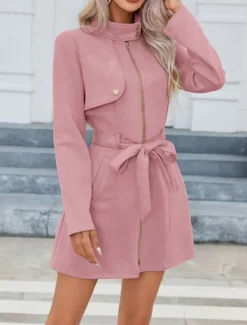 Sale Women's Casual Jacket Warm Comfortable Lace up Zipper Pocket Casual Plain Vacation Street Casual Daily Wear Zipper Long Stand Collar Slim Long Sleeve Outerwear Black Pink Green Spring Fall Women Coats & Trench Coats