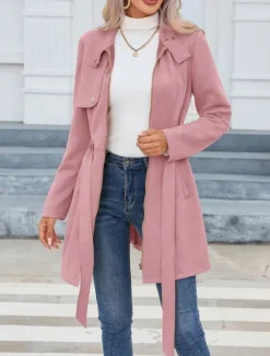 Sale Women's Casual Jacket Warm Comfortable Lace up Zipper Pocket Casual Plain Vacation Street Casual Daily Wear Zipper Long Stand Collar Slim Long Sleeve Outerwear Black Pink Green Spring Fall Women Coats & Trench Coats