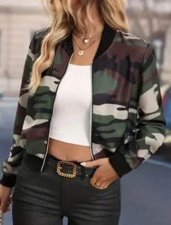 Online Women's Casual Jacket Warm Quick Dry Zipper Pocket Elegant Fashion Daily Simple Camouflage Vacation Casual Daily Holiday Short Baseball Collar Regular Fit Long Sleeve Outerwear Fuchsia Army Green Fall Women Jackets