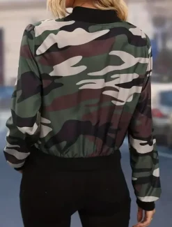 Online Women's Casual Jacket Warm Quick Dry Zipper Pocket Elegant Fashion Daily Simple Camouflage Vacation Casual Daily Holiday Short Baseball Collar Regular Fit Long Sleeve Outerwear Fuchsia Army Green Fall Women Jackets