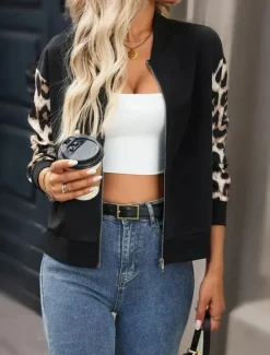 New Women's Casual Jacket Warm Quick Dry Zipper Pocket Elegant Fashion Daily Simple Leopard Vacation Casual Daily Holiday Regular Baseball Collar Regular Fit Long Sleeve Outerwear Black Brown Fall Women Jackets