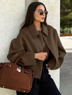Outlet Women's Casual Jacket Warm Comfortable Zipper Elegant Vintage Daily Classic Solid Color School Vacation Office Work Short Turndown Loose Fit Long Sleeve Outerwear Spring Fall Women Jackets