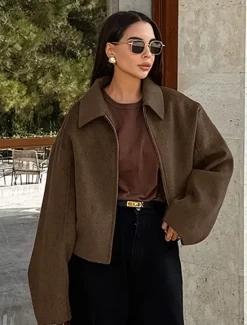 Outlet Women's Casual Jacket Warm Comfortable Zipper Elegant Vintage Daily Classic Solid Color School Vacation Office Work Short Turndown Loose Fit Long Sleeve Outerwear Spring Fall Women Jackets