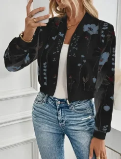 New Women's Casual Jacket Warm Quick Dry Zipper Pocket Elegant Fashion Daily Simple Floral Vacation Casual Daily Holiday Short Baseball Collar Regular Fit Long Sleeve Outerwear Black White Spring Fall Women Jackets