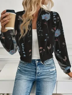 New Women's Casual Jacket Warm Quick Dry Zipper Pocket Elegant Fashion Daily Simple Floral Vacation Casual Daily Holiday Short Baseball Collar Regular Fit Long Sleeve Outerwear Black White Spring Fall Women Jackets