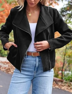 Sale Women's Casual Jacket Warm Comfortable Zipper Casual Minimalism Solid Color Casual Daily Zipper Lapel Regular Fit Long Sleeve Outerwear Black Camel Brown Winter Women Jackets