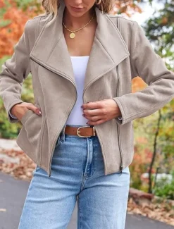Sale Women's Casual Jacket Warm Comfortable Zipper Casual Minimalism Solid Color Casual Daily Zipper Lapel Regular Fit Long Sleeve Outerwear Black Camel Brown Winter Women Jackets