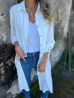 Best Women's Casual Jacket Warm Breathable Buttons Casual Plain Vacation Street Daily Wear Going out Single Breasted Long Lapel Regular Fit Long Sleeve Outerwear Black White Khaki Spring Fall Women Jackets