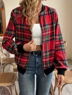 Women's Casual Jacket Warm Quick Dry Zipper Pocket Elegant Fashion Daily Simple Geometric Vacation Casual Daily Holiday Regular Baseball Collar Regular Fit Long Sleeve Outerwear Red Drak Red Fall Women Jackets