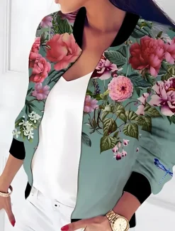 Women's Casual Jacket Warm Quick Dry Zipper Pocket Elegant Fashion Daily Simple Floral Vacation Casual Daily Holiday Regular Baseball Collar Regular Fit Long Sleeve Outerwear Black And White Blue Women Jackets