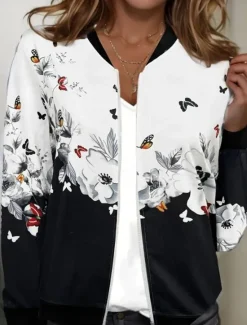 Women's Casual Jacket Warm Quick Dry Zipper Pocket Elegant Fashion Daily Simple Floral Vacation Casual Daily Holiday Regular Baseball Collar Regular Fit Long Sleeve Outerwear Black And White Blue Women Jackets