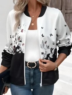 Women's Casual Jacket Warm Quick Dry Zipper Pocket Elegant Fashion Daily Simple Floral Vacation Casual Daily Holiday Regular Baseball Collar Regular Fit Long Sleeve Outerwear Black And White Blue Women Jackets