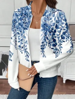 Women's Casual Jacket Warm Quick Dry Zipper Pocket Elegant Fashion Daily Simple Floral Vacation Casual Daily Holiday Regular Baseball Collar Regular Fit Long Sleeve Outerwear Black And White Blue Women Jackets