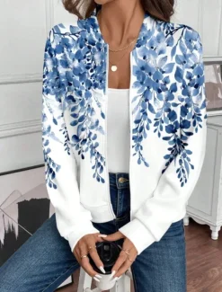 Women's Casual Jacket Warm Quick Dry Zipper Pocket Elegant Fashion Daily Simple Floral Vacation Casual Daily Holiday Regular Baseball Collar Regular Fit Long Sleeve Outerwear Black And White Blue Women Jackets