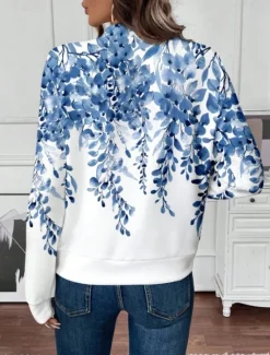Women's Casual Jacket Warm Quick Dry Zipper Pocket Elegant Fashion Daily Simple Floral Vacation Casual Daily Holiday Regular Baseball Collar Regular Fit Long Sleeve Outerwear Black And White Blue Women Jackets