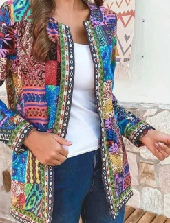 Sale Women's Casual Jacket Windproof Warm Pocket Color Block Open Front with Pockets Vintage Modern Geometric Casual Daily Casual Daily Short Crewneck Regular Fit Long Sleeve Outerwear Blue Purple Fall Women Jackets