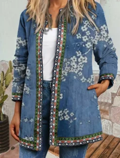 Hot Women's Casual Jacket Windproof Warm Pocket Color Block Open Front with Pockets Vintage Modern Floral Casual Daily Casual Daily Regular Crewneck Regular Fit Long Sleeve Outerwear Black Blue Green Fall Women Jackets